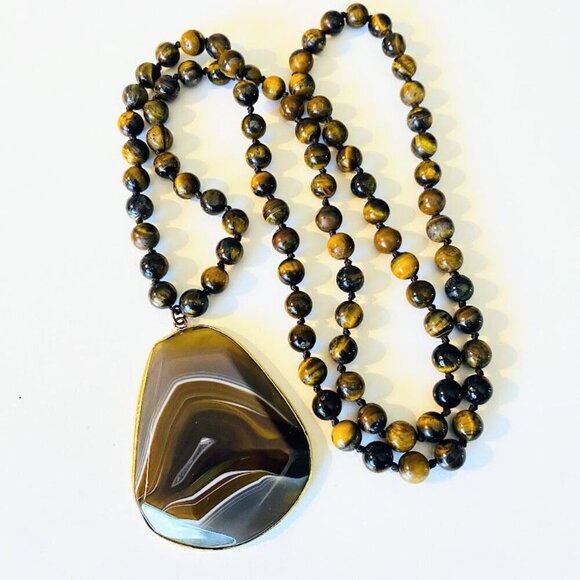 Vintage Brown Agate & Tiger's Eye Beaded Long Pendant Necklace 34" - Picture 4 of 5